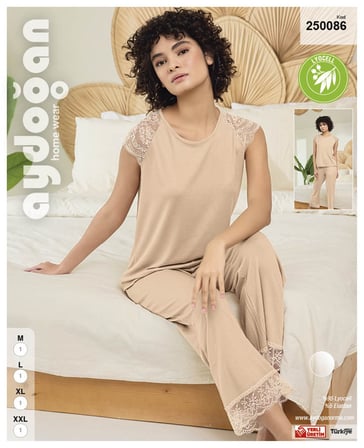 Aydoğan Kadın %95 Lyocell %5 Esnek Ten Bej Rengi Dantelli Sıfır Kol  Zarif Çeyizlik Pijama Takımı 