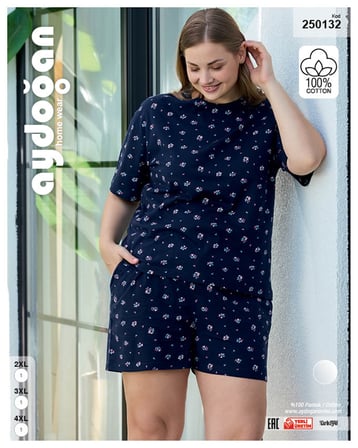 Aydoğan Kadın %100 Pamuk  Desenli Büyük Beden Lacivert  Kısa Kollu Şortlu  Pijama Takımı 