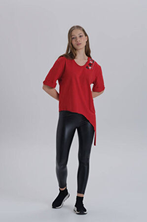 Antrasit Kadın Paris Baskı Detay Asimetrik Kesim T-shirt