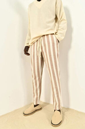 Siyah Çizgili Bohem Keten Pantolon