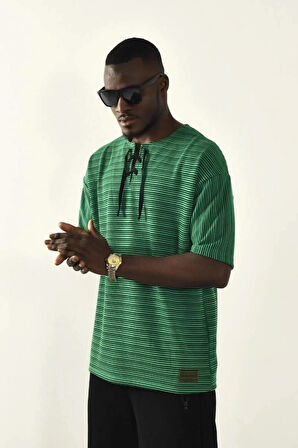 Yeşil Bağcıklı Yaka Detaylı Oversize Tshirt