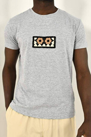 Siyah Çiçekli Örgü Detay Bisiklet Yaka Tshirt