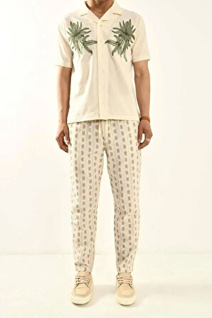 Bej Desenli Bohem Keten Pantolon 450349