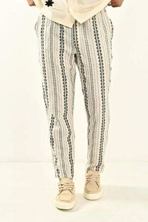Bej Desenli Bohem Keten Pantolon 450349