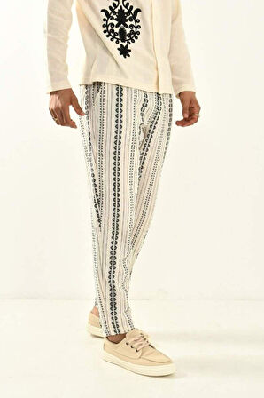Bej Desenli Bohem Keten Pantolon 450349