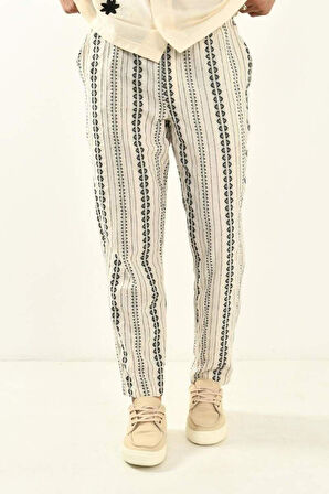 Bej Desenli Bohem Keten Pantolon 450349