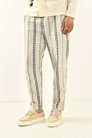 Bej Desenli Bohem Keten Pantolon 450349