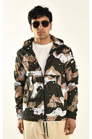 Haki Kamuflaj Desen Paraşüt Kumaş Mevsimlik Kapüşonlu Ceket