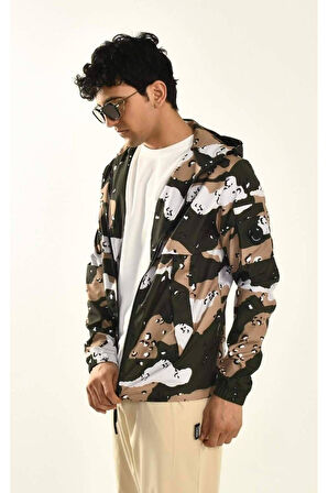 Haki Kamuflaj Desen Paraşüt Kumaş Mevsimlik Kapüşonlu Ceket