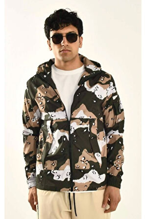 Haki Kamuflaj Desen Paraşüt Kumaş Mevsimlik Kapüşonlu Ceket