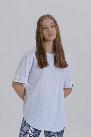 Siyah Kadın Papatya Kol Detay Asimetrik Kesim Bisiklet Yaka Örme T-shirt