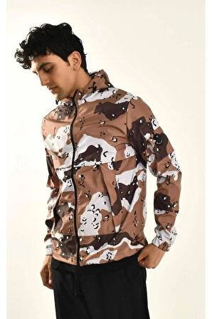 Haki Kamuflaj Desen Paraşüt Kumaş Mevsimlik Kapüşonlu Ceket