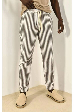 Kahve Çizgili Keten Pantolon 450346