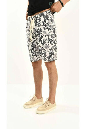 Siyah Çiçek Desenli Keten Şort