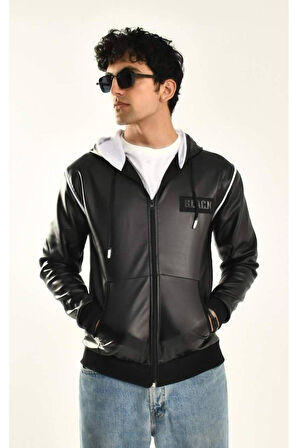 Siyah Kapüşonlu Fermuarlı Deri Ceket
