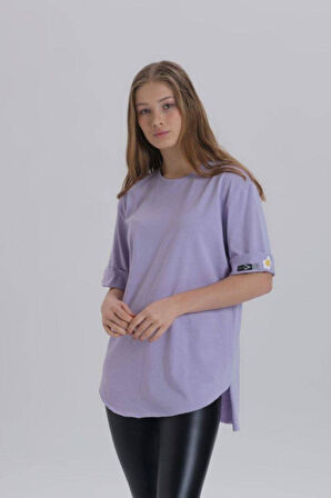 Siyah Kadın Papatya Kol Detay Asimetrik Kesim Bisiklet Yaka Örme T-shirt