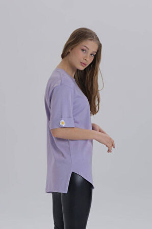 Siyah Kadın Papatya Kol Detay Asimetrik Kesim Bisiklet Yaka Örme T-shirt