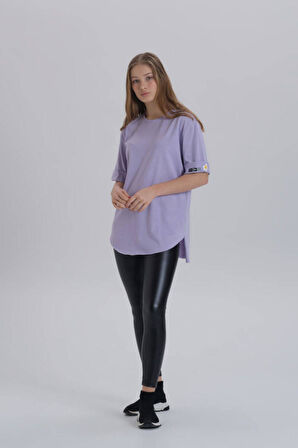 Siyah Kadın Papatya Kol Detay Asimetrik Kesim Bisiklet Yaka Örme T-shirt