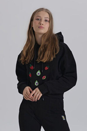 Gri Meyve Aksesuarlı Kapüşonlu Üç Iplik Kadın Sweatshirt