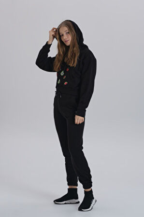 Gri Meyve Aksesuarlı Kapüşonlu Üç Iplik Kadın Sweatshirt