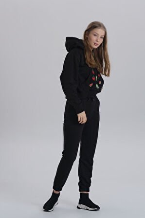 Gri Meyve Aksesuarlı Kapüşonlu Üç Iplik Kadın Sweatshirt