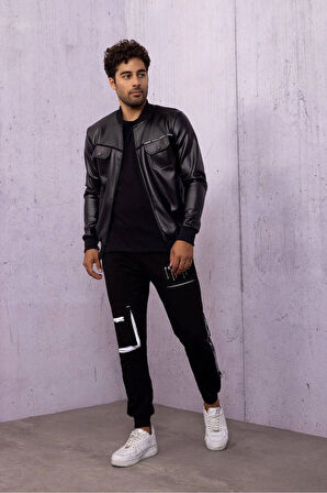 Siyah Cep Detay Fermuarlı Suni Deri Ceket