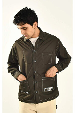 Kahve Dikiş Detaylı Cepli Erkek Gömlek Ceket