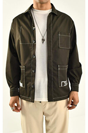 Kahve Dikiş Detaylı Cepli Erkek Gömlek Ceket