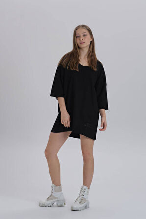 Siyah Kadın Sırt Baskı Detay Oversize T-shirt Elbise