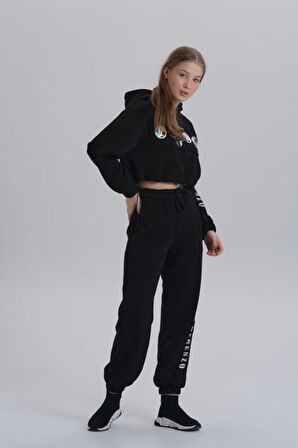 Siyah Baskı Detaylı Oversize Üç Iplik Eşofman Takımı