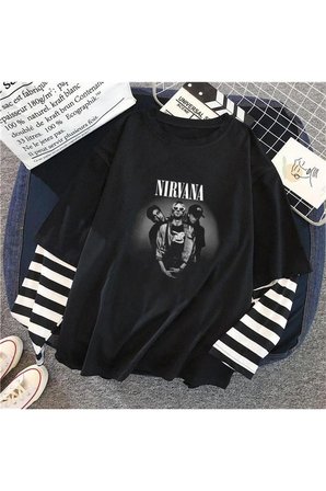 Nirvana Artists Baskılı Fake Sleeves Unisex Siyah T-shirt