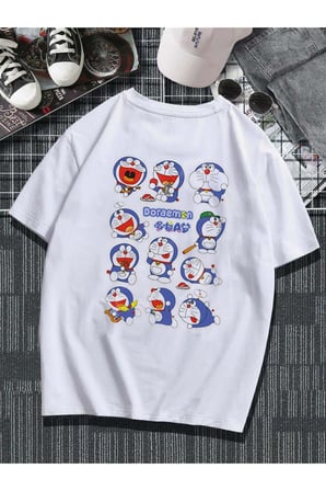 Doraemon Collage Sırt Baskılı Beyaz Unisex Oversize T-shirt