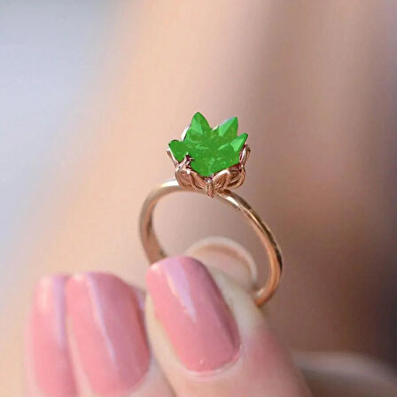 Ayarlanabilir Yeşil Taşlı Lotus Çiçeği 925 Ayar Gümüş Yüzük