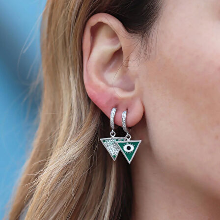 Üçgen Çift Taraflı Mineli Gümüş Küpe