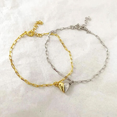 Mıknatıslı Kalp Çift Gümüş Bileklik