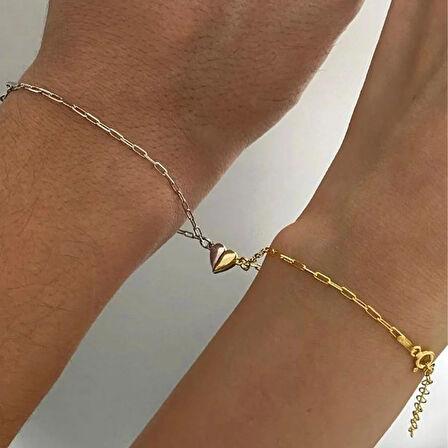 Mıknatıslı Kalp Çift Gümüş Bileklik