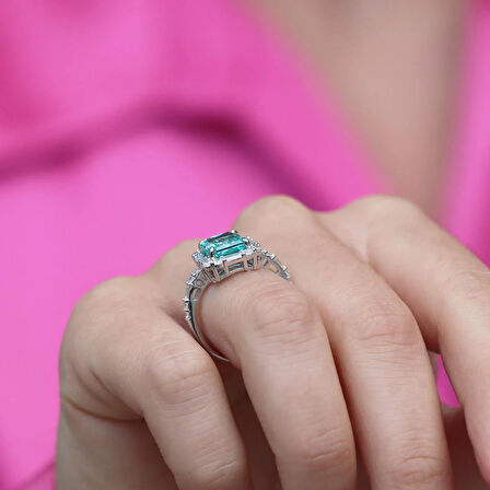 Paraiba Taşlı Baget Vintage Gümüş Yüzük