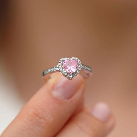 Kalp Pandora Model Pembe Zirkon Taşlı Gümüş Yüzük