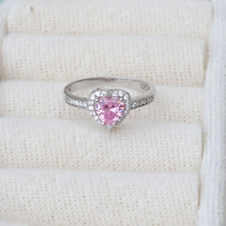 Kalp Pandora Model Pembe Zirkon Taşlı Gümüş Yüzük