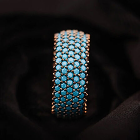 Pırlanta Montür Rose Kaplama 5 Sıra Turkuaz Tamtur Gümüş Yüzük