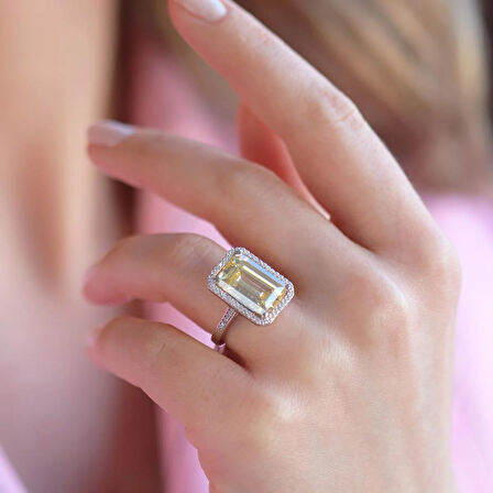 Sitrin Taşlı Zümrüt Kesim Gümüş Yüzük