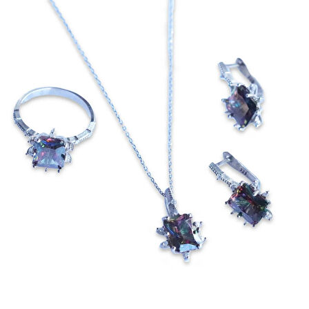 Lotus Çiçeği Mistik Topaz Taşlı Gümüş Set