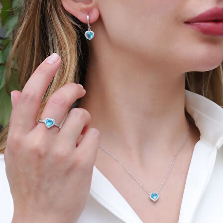 Kalp Pndr Model Aquamarine Taşlı Gümüş Set