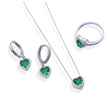 Kalp Pndr Model Yeşil Zirkon Taşlı Gümüş Set