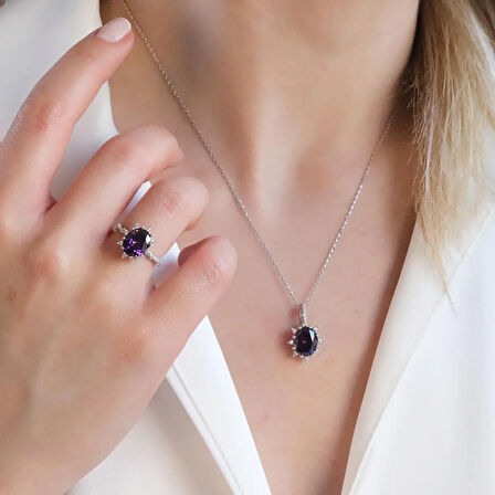 Ametist Taşlı Elips Lotus Çiçeği Gümüş Set