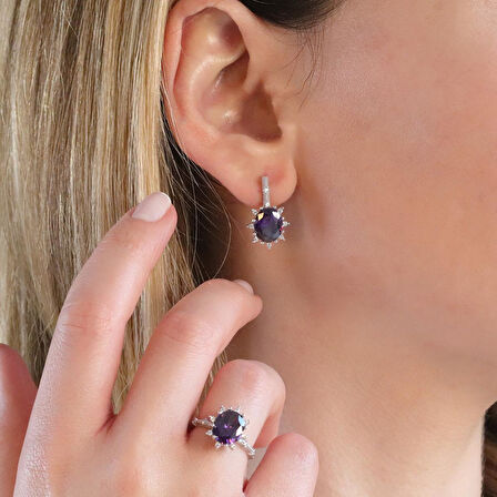 Ametist Taşlı Elips Lotus Çiçeği Gümüş Set