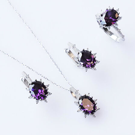 Ametist Taşlı Elips Lotus Çiçeği Gümüş Set