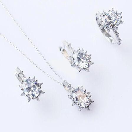 Zirkon Taşlı Elips Lotus Çiçeği Gümüş Set