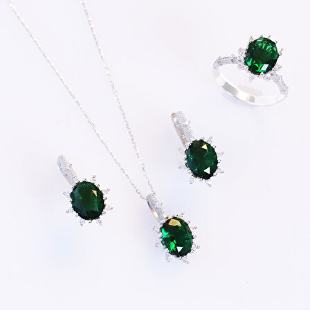 Zümrüt Taşlı Elips Lotus Çiçeği Gümüş Set