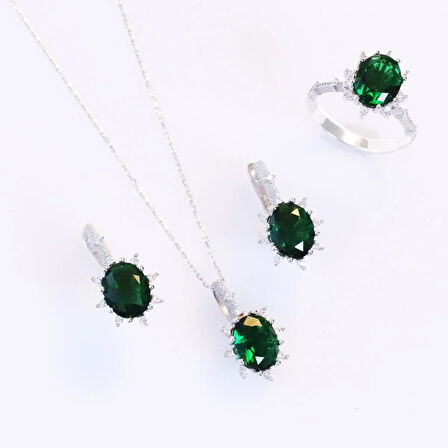 Zümrüt Taşlı Elips Lotus Çiçeği Gümüş Set